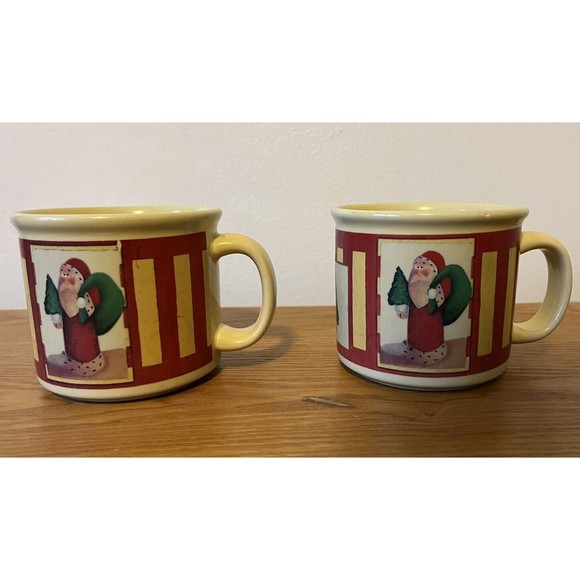 Set of 2 Susan Zulauf Folk Art Santa Ceramic‎ Coffee Cocoa Soup Mugs Christmas - Picture 1 of 6